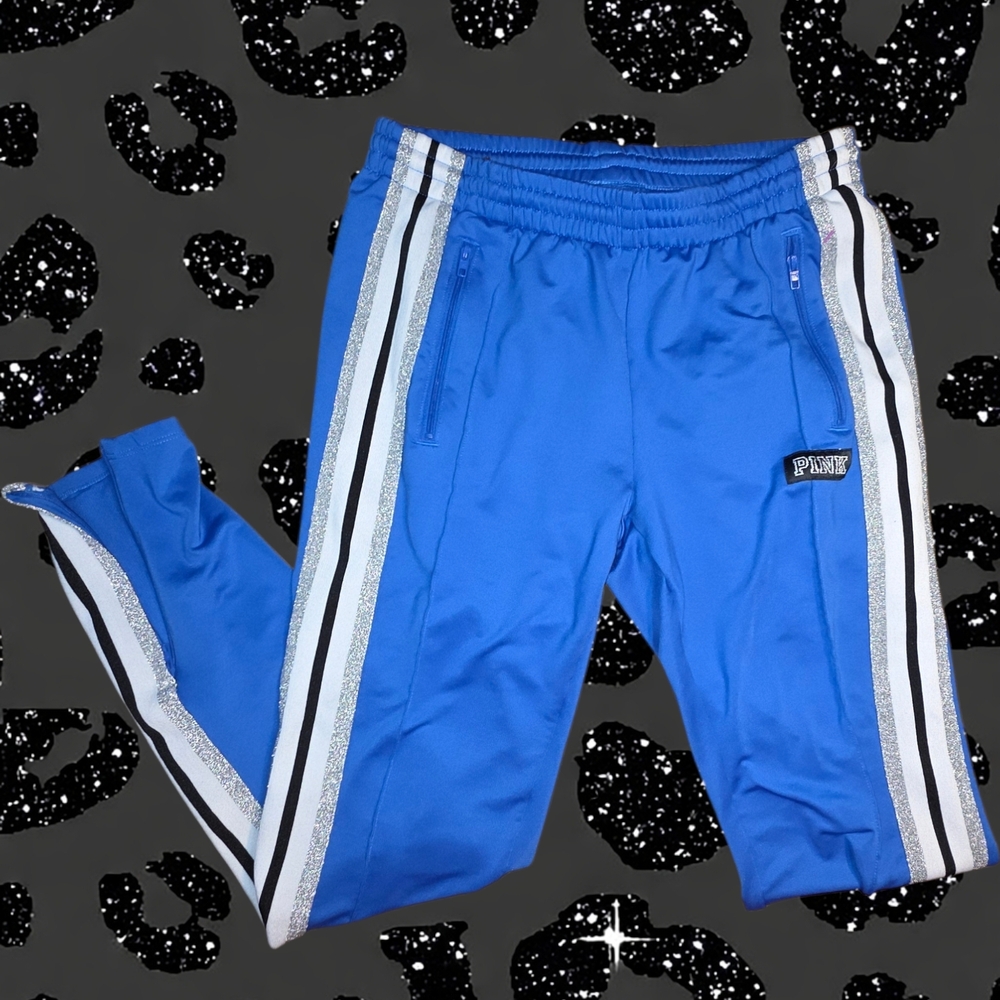 PINK Victoria's Secret Blue Joggers with Glitter Shimmery Sparkly Stripes